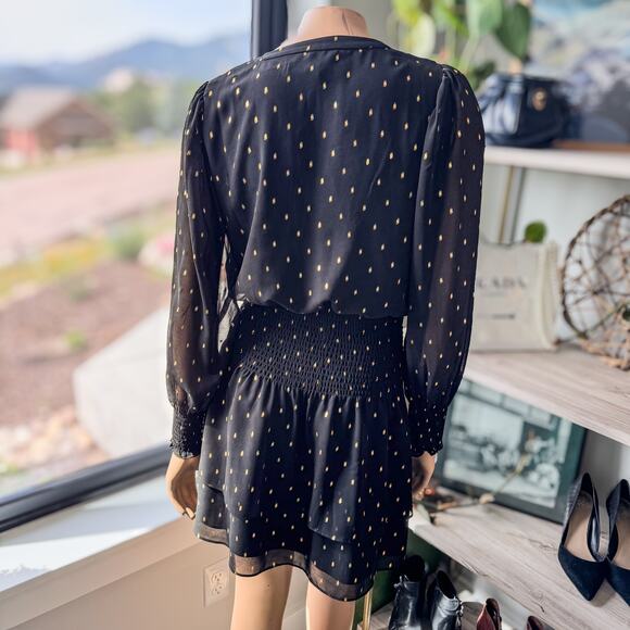 White House Black Market, Smocked Blouson Black/Gold Long Sleeve Mini Dress, XS - Picture 4 of 8